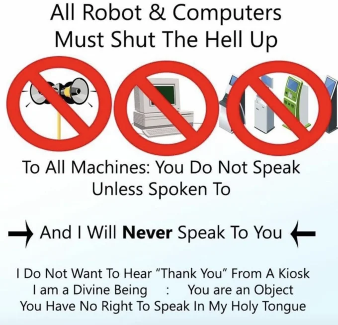 Butlerian Jihad — A manifesto-style meme declaring 'All Robot & Computers Must Shut The Hell Up' with prohibition symbols.