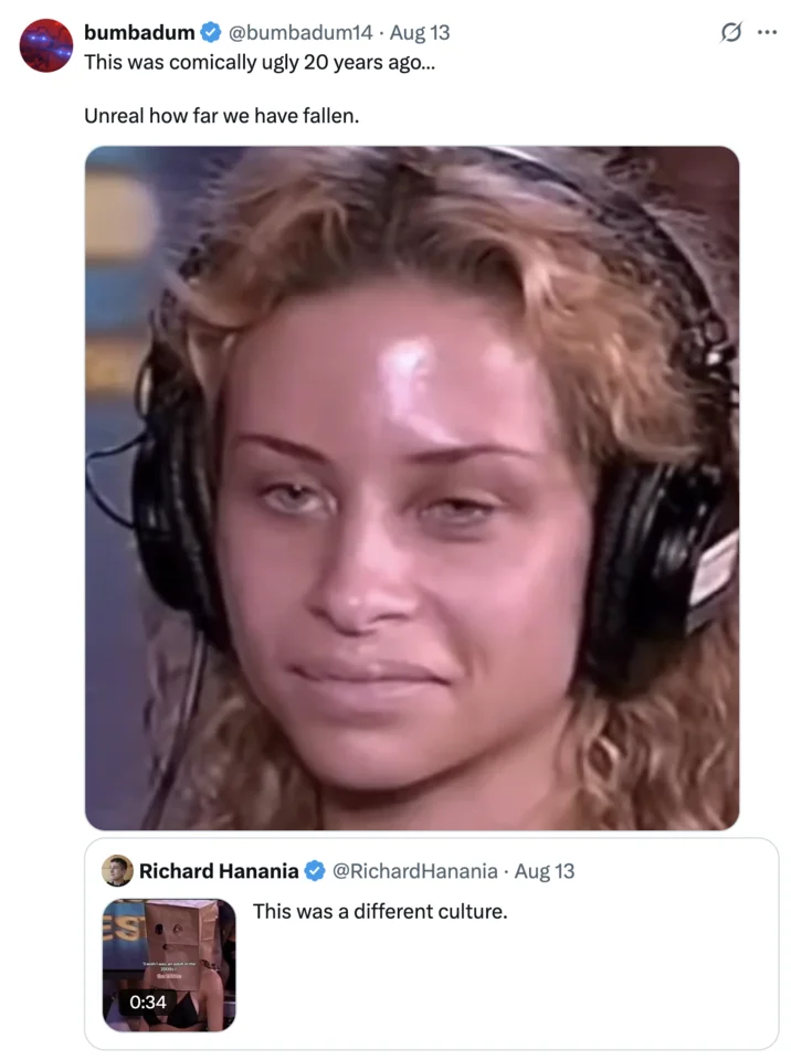 Buttaface Contest Girl Stacy — Tweet by bumbadum lamenting cultural decline, with large image of Stacy in headphones.