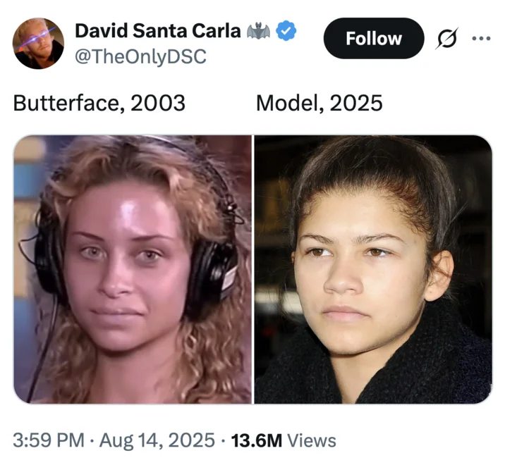 Buttaface Contest Girl Stacy — Side-by-side comparison tweet labeled Butterface 2003 and Model 2025 showing two women's faces.