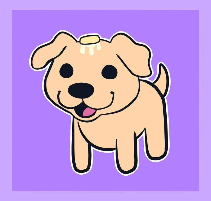 Butterdog — Cartoon sticker of a tan puppy with butter melting on its head on a purple background