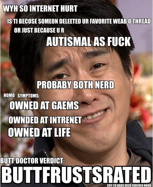 Crying man image macro with misspelled BUTTFRUSTSRATED butthurt insults