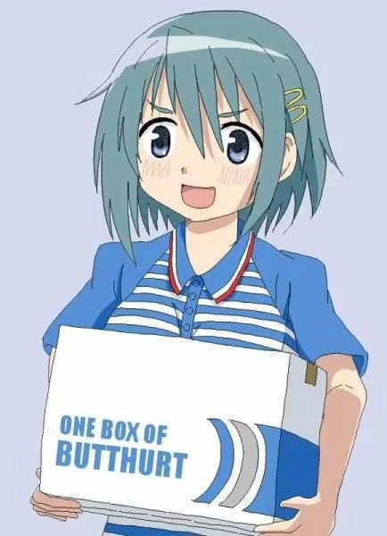 Anime girl holding a box labeled One Box of Butthurt