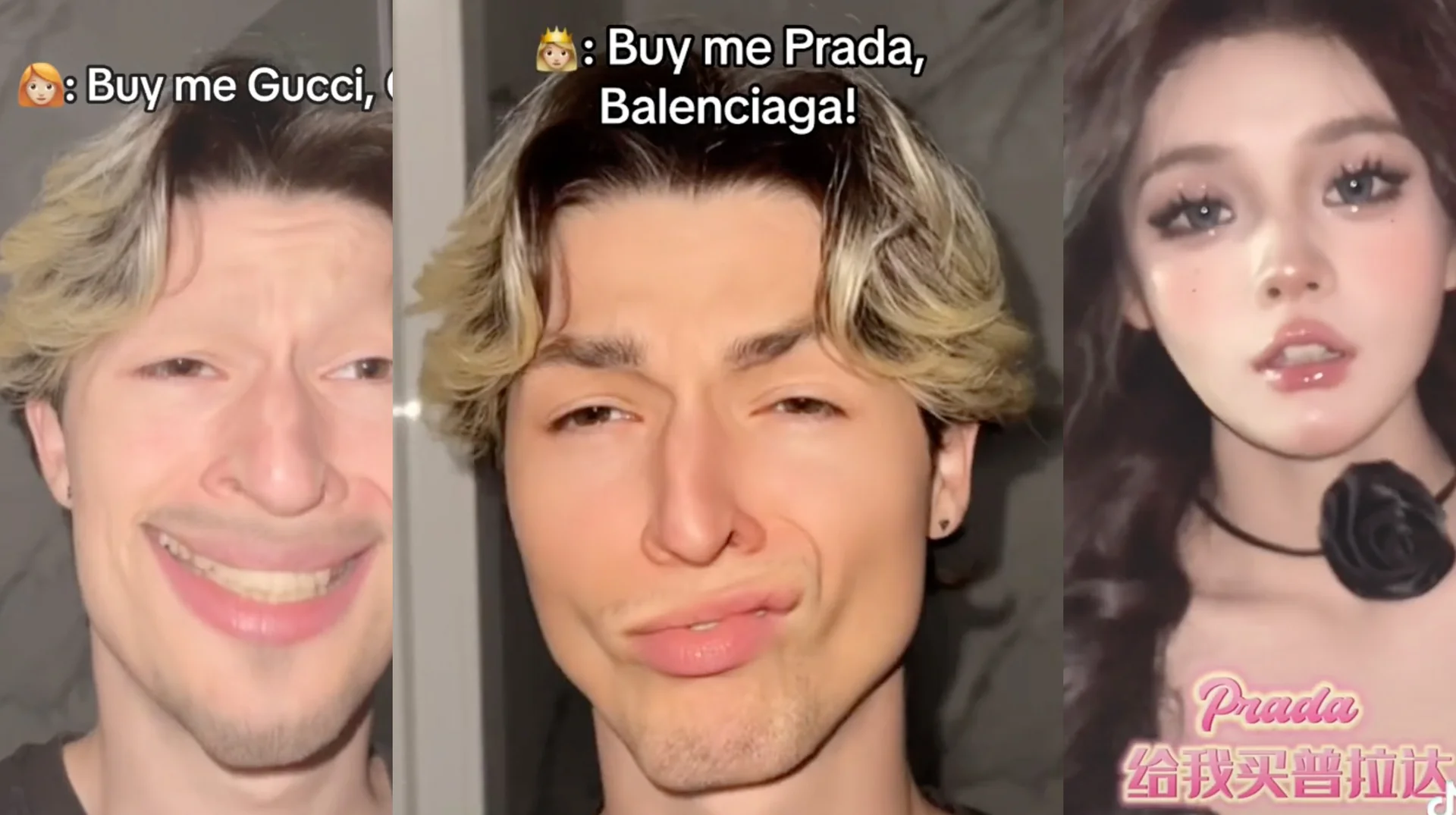 Buy Me Prada Balenciaga — Three-panel TikTok collage of creators lip-syncing to 'Buy Me Prada, Balenciaga' with on-screen captions