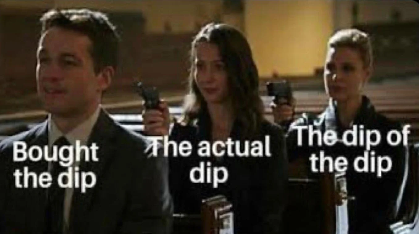 Buy the Dip — Three people pointing guns at each other labeled Bought the dip, The actual dip, and The dip of the dip