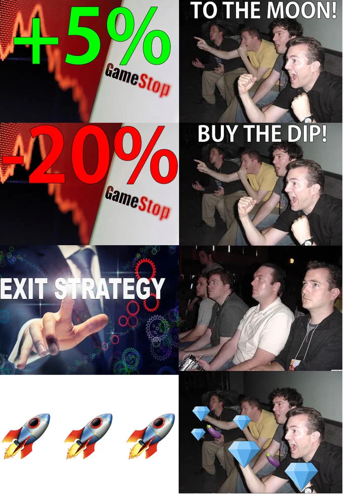 GameStop stock meme with cheering guys reacting To The Moon then Buy The Dip then Exit Strategy