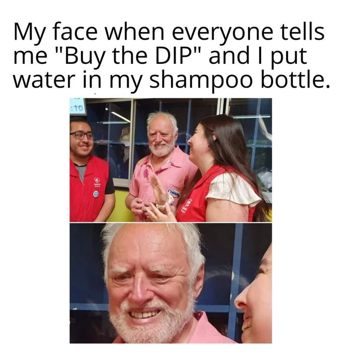Hide the Pain Harold meme about putting water in a shampoo bottle to buy the dip
