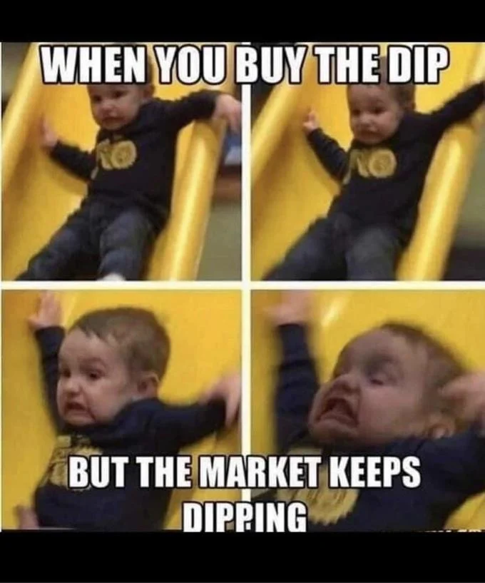 Buy the Dip — Toddler on yellow slide reacting with excitement then crying over market dipping