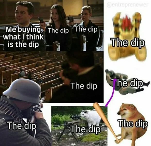 Collage of images all labeled The dip around someone trying to buy the dip