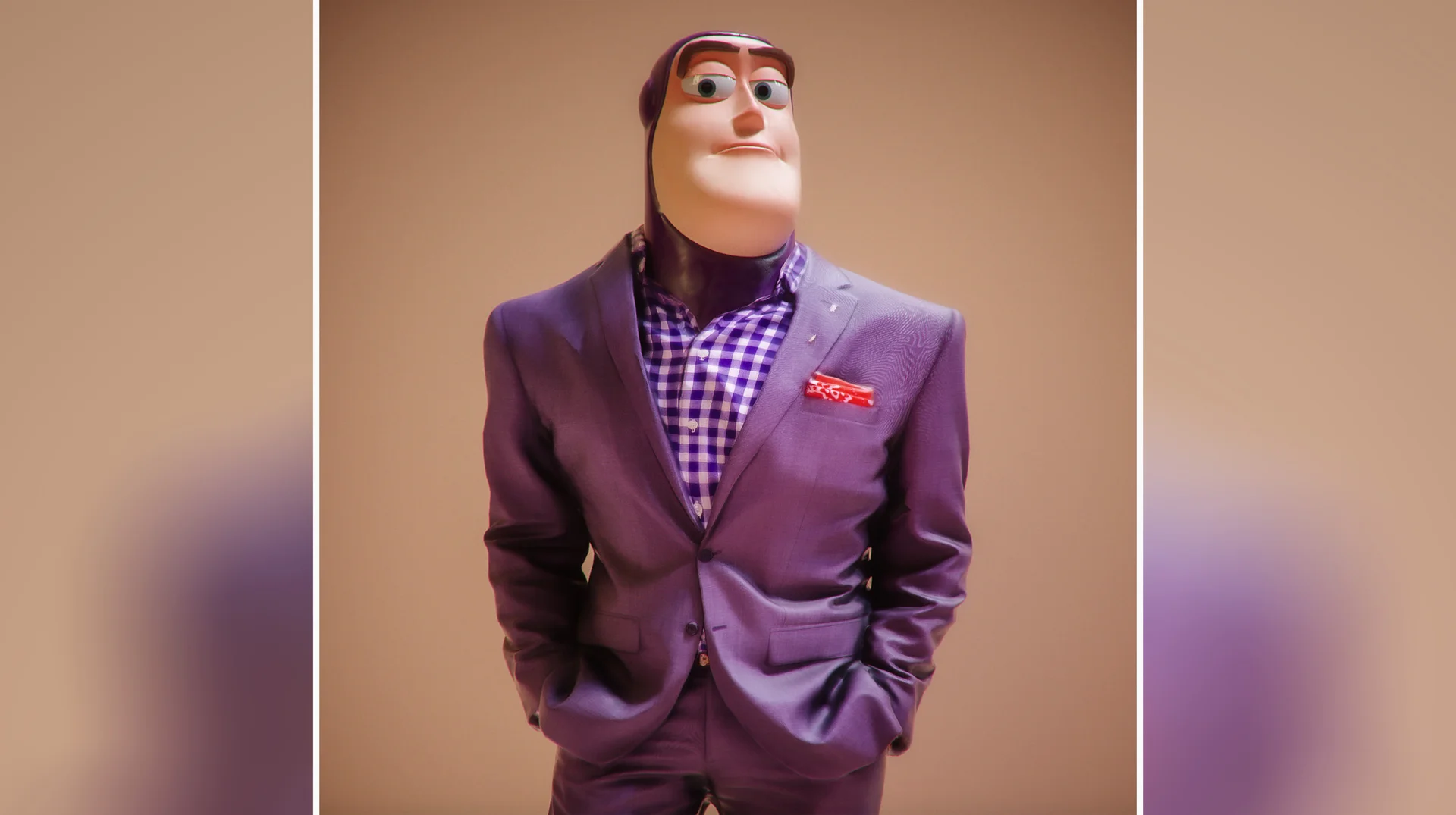 Buzz Lightyear In A Suit — Mannequin with Buzz Lightyear's head wearing a purple suit and gingham shirt against a beige backdrop