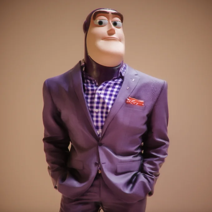 Buzz Lightyear In A Suit — Square crop of the Buzz Lightyear mannequin wearing a purple suit and gingham shirt