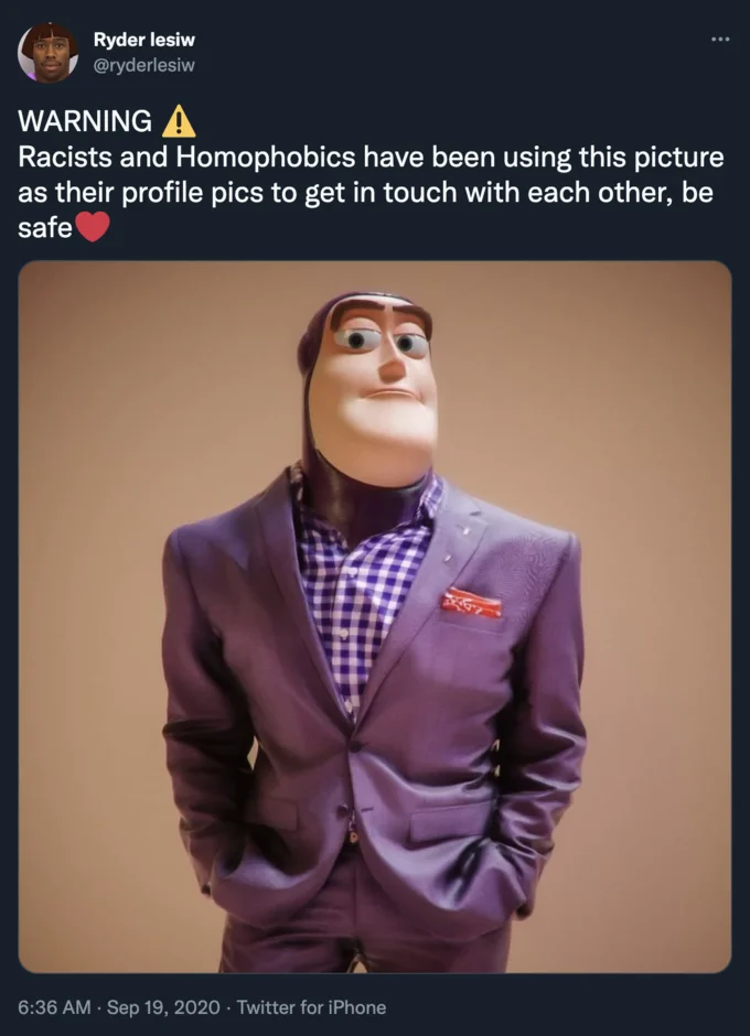 Buzz Lightyear In A Suit — Tweet from @ryderlesiw warning the Buzz Lightyear suit image is used as a profile pic by racists and homophobes