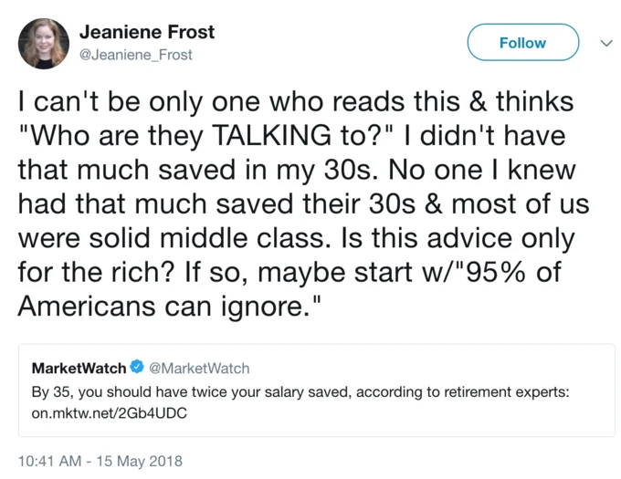 By Age 35 — Jeaniene Frost tweet critiquing the MarketWatch retirement advice as unrealistic