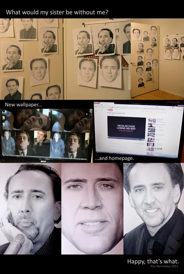 Collage of a room, computer screens and Nicolas Cage portraits captioned as a caging prank on a sibling
