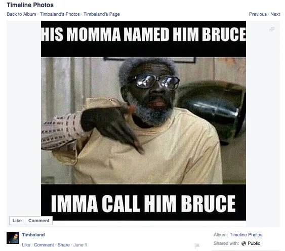 Caitlyn Jenner S Gender Transition — Timbaland Facebook post with 'His momma named him Bruce' Muhammad Ali meme