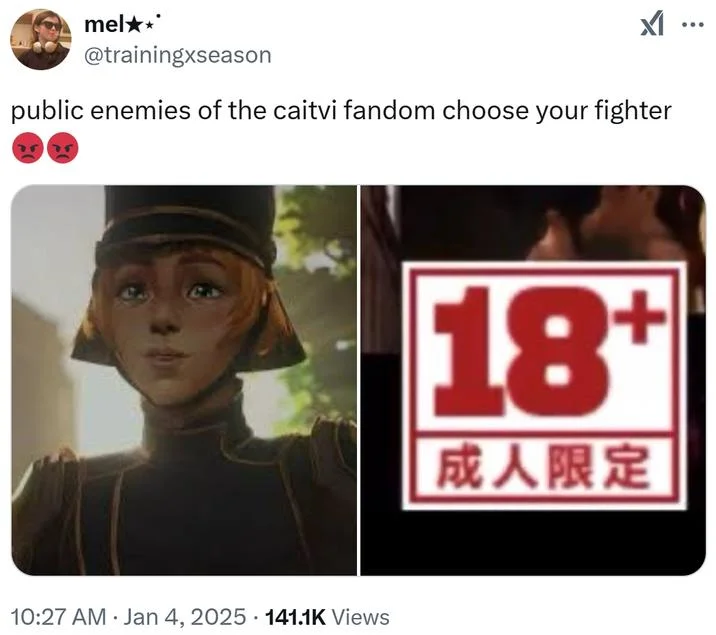 Caitvi Sex Scene — A meme format pairing Caitlyn's character with a red 18+ age restriction stamp, commenting on the scene's mature rating.