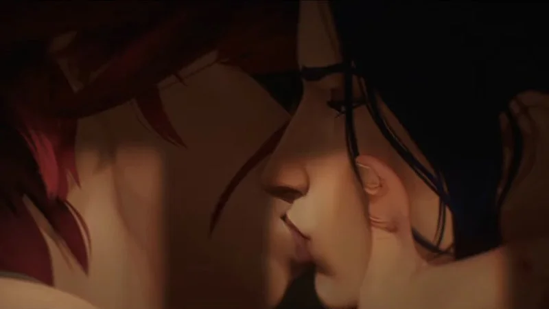 Caitvi Sex Scene — A close-up of the intimate moment between Caitlyn and Vi in warm amber lighting, the pivotal scene from Arcane Act 3.