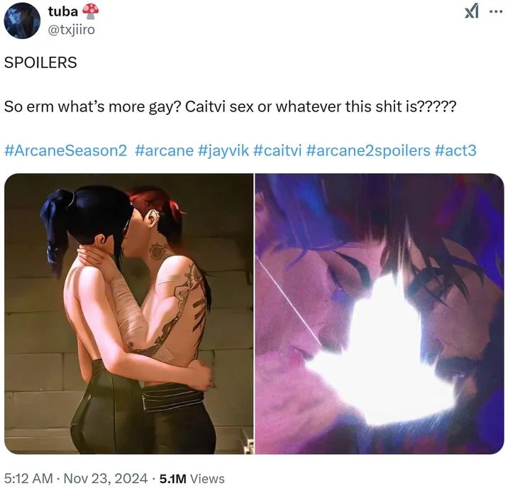Caitvi Sex Scene — A Twitter post featuring the intimate moment between Caitlyn and Vi from Arcane Act 3 finale with community commentary.