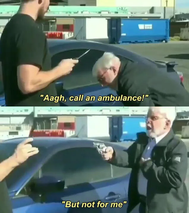Call An Ambulance But Not For Me — Clean two-panel screencap with the original Aagh call an ambulance and But not for me captions