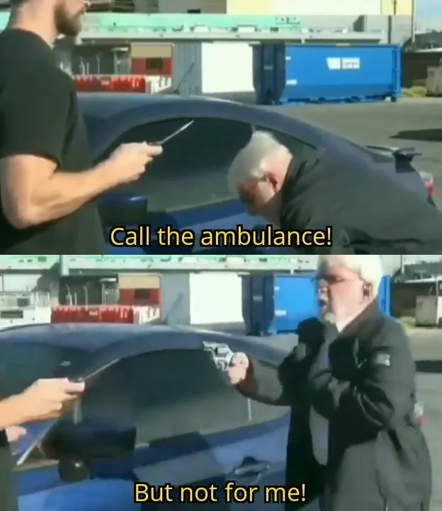 Call An Ambulance But Not For Me — Two-panel Call the ambulance But not for me template with yellow subtitle captions