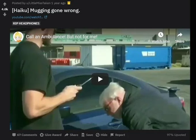 Call An Ambulance But Not For Me — Reddit screenshot of a post embedding the original 'Call an Ambulance! But not for me!' YouTube video