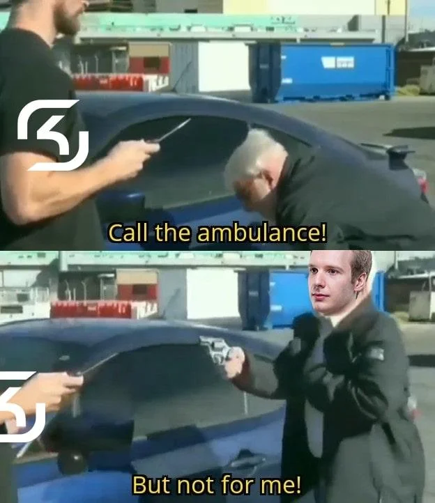 Call An Ambulance But Not For Me — Two-panel meme with SK Gaming logo on attacker and a player face-swapped onto the defender