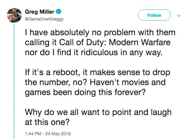 Greg Miller tweet defending the Call of Duty Modern Warfare reboot naming