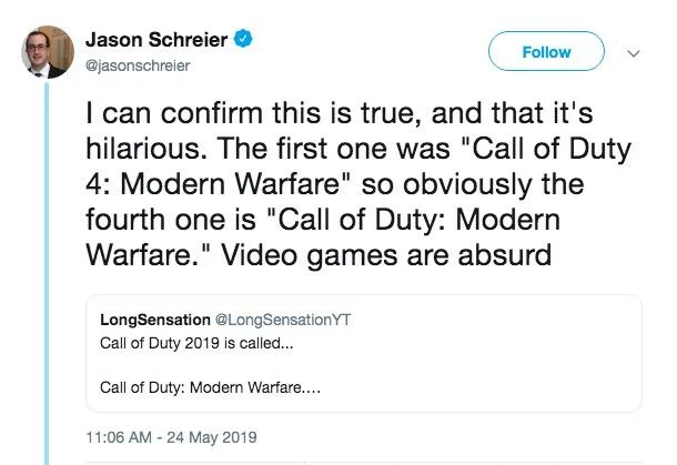 Jason Schreier tweet confirming Call of Duty Modern Warfare title