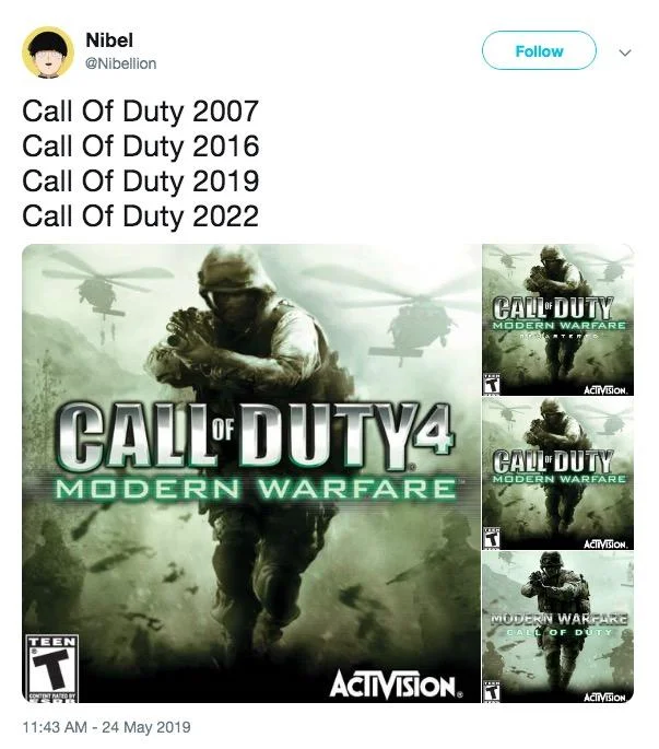 Nibellion tweet comparing Call of Duty Modern Warfare cover art from different years