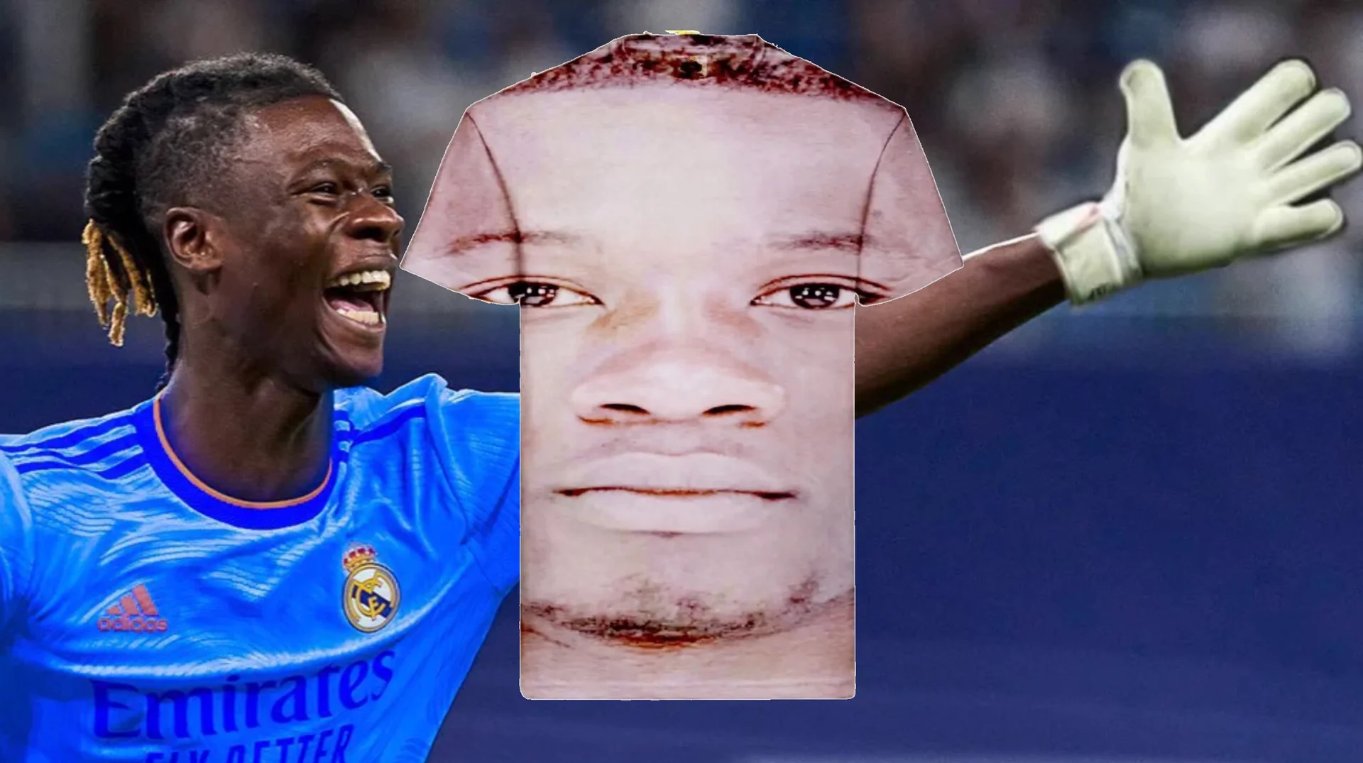 Camavinga Memes — Eduardo Camavinga celebrating in Real Madrid blue jersey with zoomed face cutout overlay