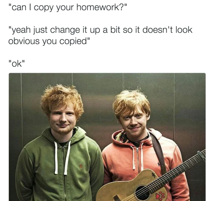 Can I Copy Your Homework? — Three-line Can I copy your homework meme caption above a photo of Ed Sheeran and Rupert Grint.