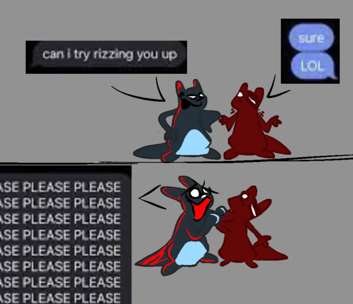 Can I Try Rizzing You Up? — Rizzing meme edit with the chat bubbles overlaid between two anime-style character illustrations.