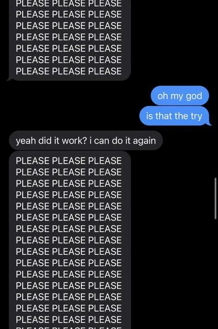 Can I Try Rizzing You Up? — iMessage continuation with 'oh my god is that the try' and 'yeah did it work? i can do it again' plus more 'PLEASE' repetitions.