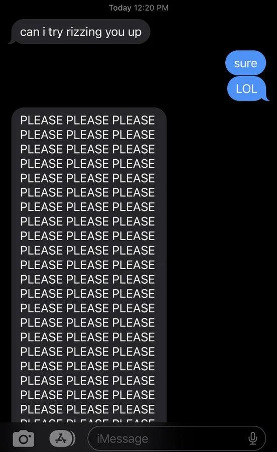 Can I Try Rizzing You Up? — iMessage screenshot of the viral 'can i try rizzing you up' conversation with repeated 'PLEASE' text.