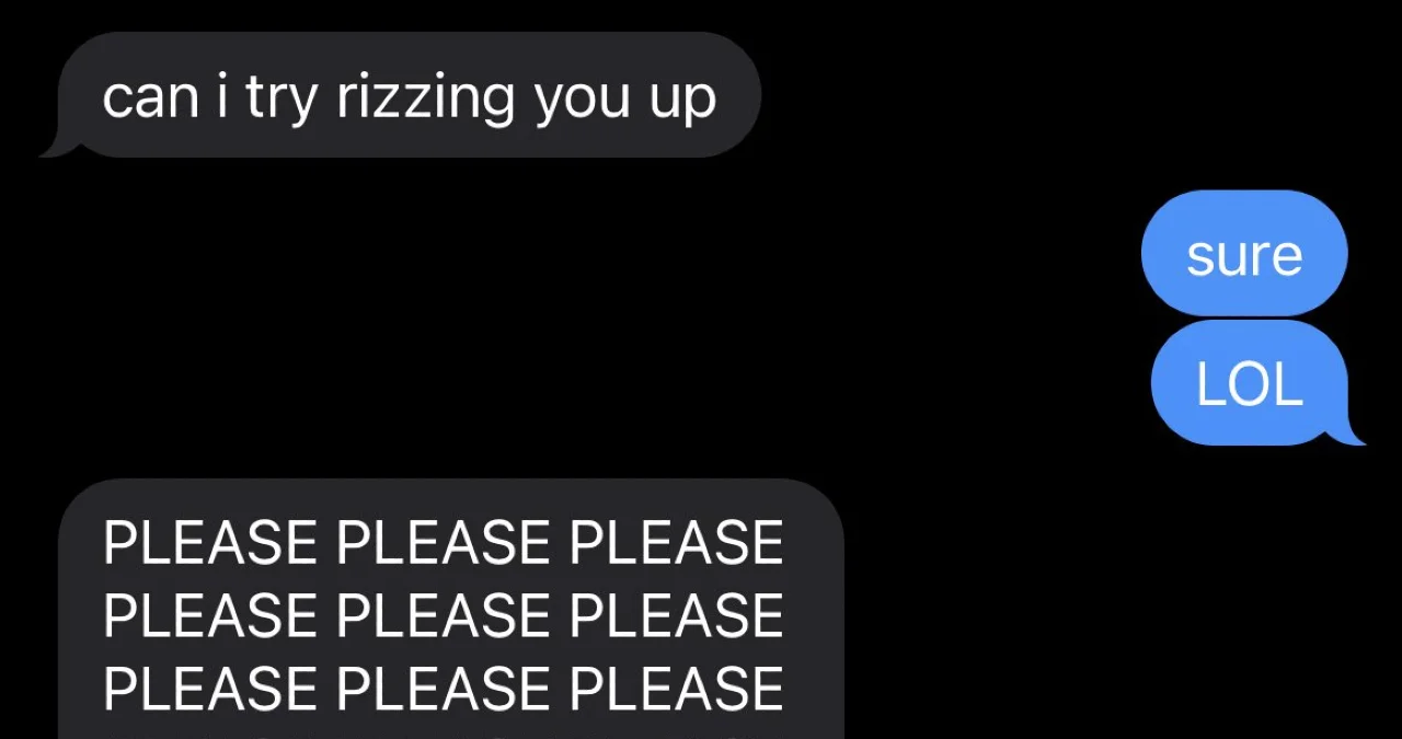 Can I Try Rizzing You Up? — Text exchange with 'can i try rizzing you up,' 'sure LOL,' and a message repeating 'PLEASE PLEASE PLEASE.'