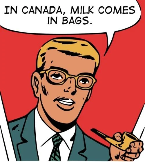 Cartoon man meme stating in Canada milk comes in bags