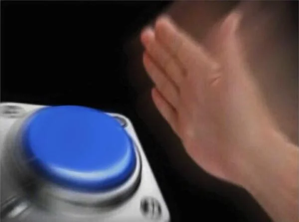 Cancel Button Location — A bright blue cancel button with a hand hovering above it ready to press, the definitive meme template.