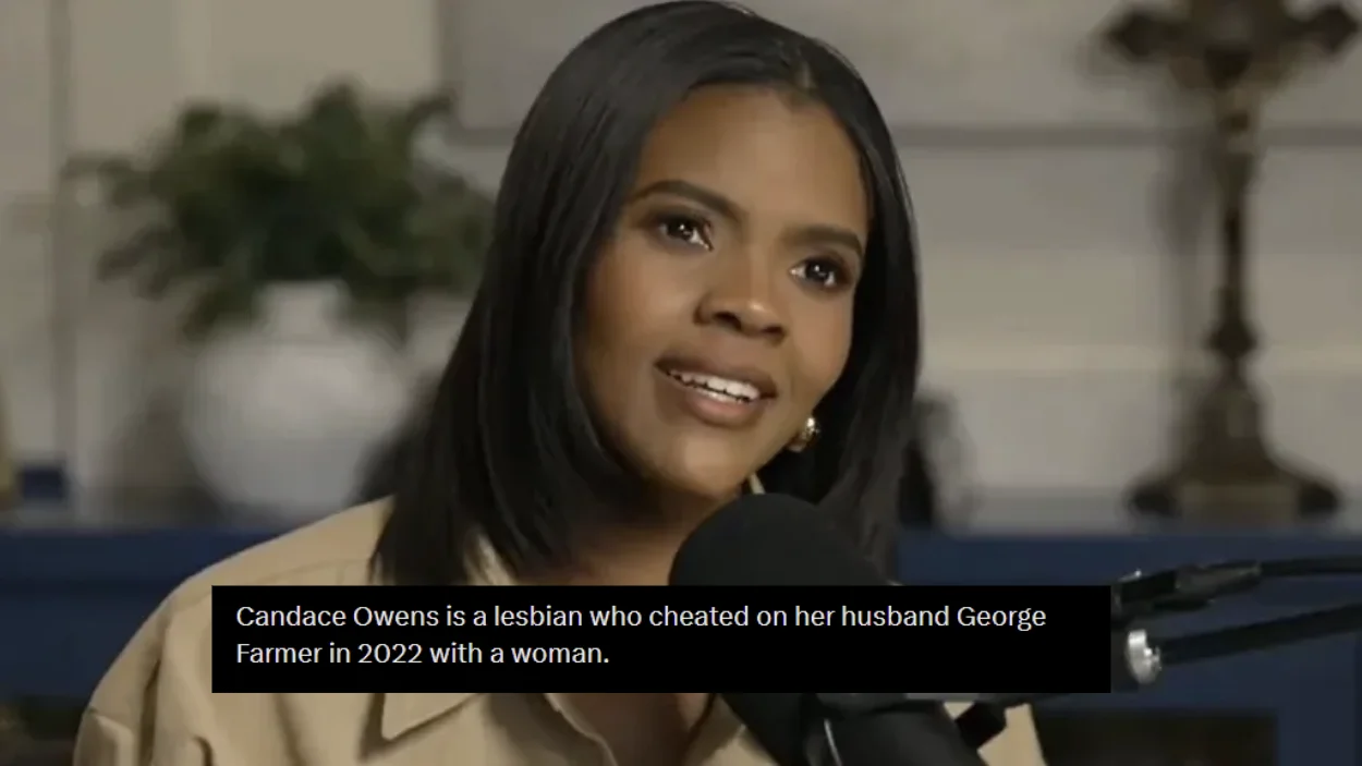 Candace Owens Lesbian Conspiracy Theory — Candace Owens speaking on a podcast with text overlay stating she is a lesbian who cheated on her husband in 2022