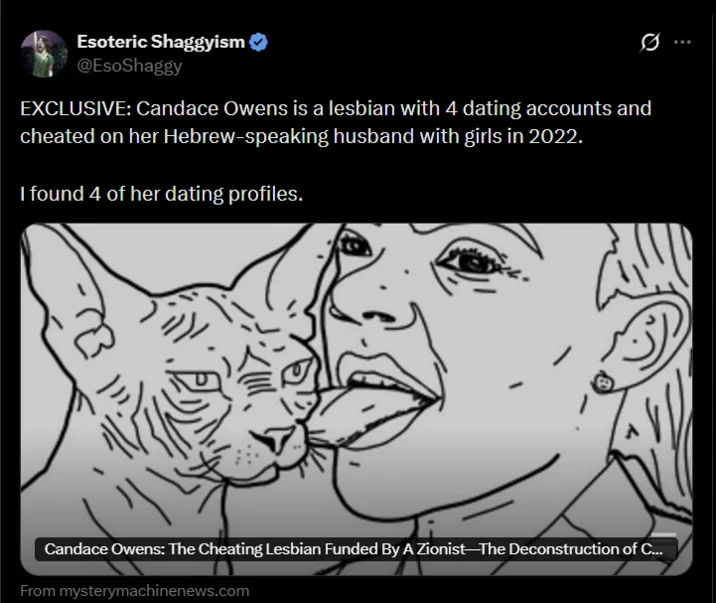 Candace Owens Lesbian Conspiracy Theory — Tweet from Esoteric Shaggyism claiming Candace Owens is a lesbian with dating accounts, with illustration of woman