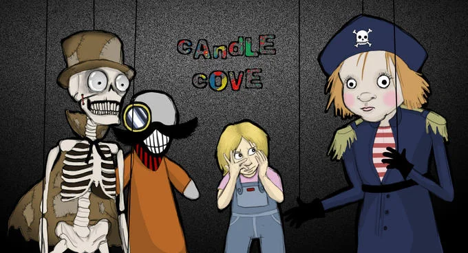 Colorful animated illustration of Candle Cove characters including skeleton and pirate-themed figures against dark background.
