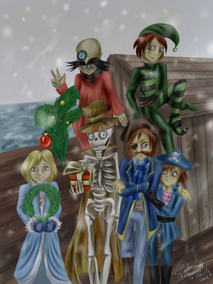 Illustration of Candle Cove characters standing on a wooden dock against a seaside background in fan art style.