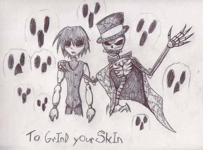Candle Cove — A pencil sketch showing demonic skeletal figures with floating hand symbols and text reading to GRIN your SKIN.