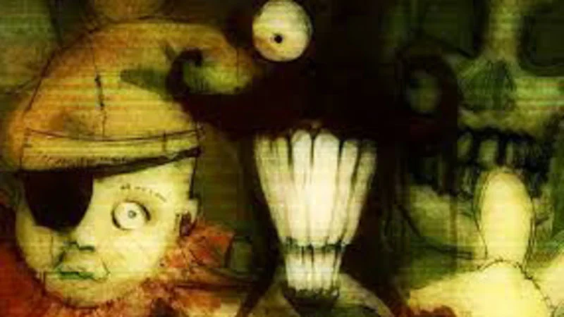 Candle Cove — Close-up illustration with yellow-green coloring showing multiple skeletal faces with hollow eyes and grotesque features.