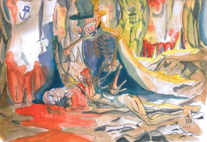 Candle Cove — A watercolor painting of a skeletal death figure surrounded by bones and red coloring in a nightmarish scene.