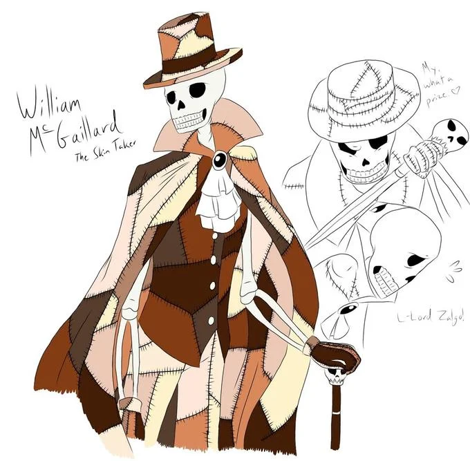 Candle Cove — Character design sketches of skeleton figures labeled William McCullard and The Skeleton Taker in Victorian clothing.