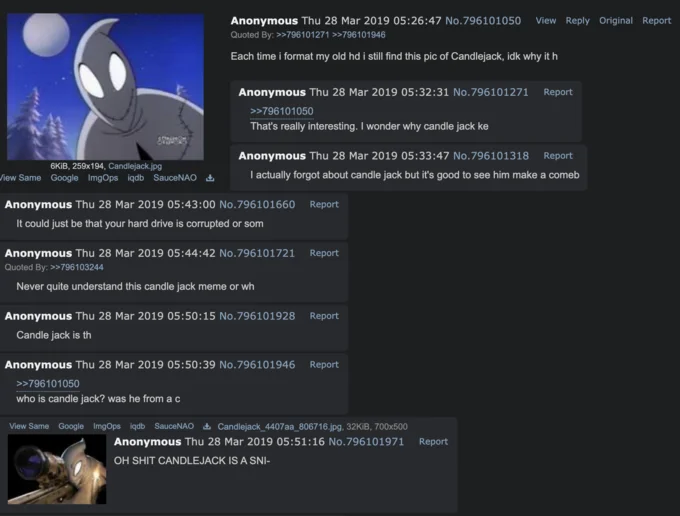 4chan thread from 2019 discussing Candlejack with cut-off messages