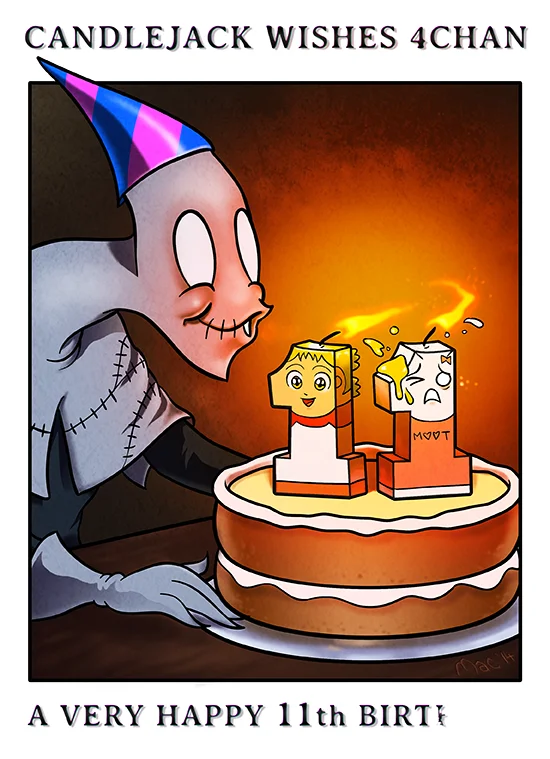 Fan art of Candlejack wearing a party hat blowing out candles on 4chan's 11th birthday cake