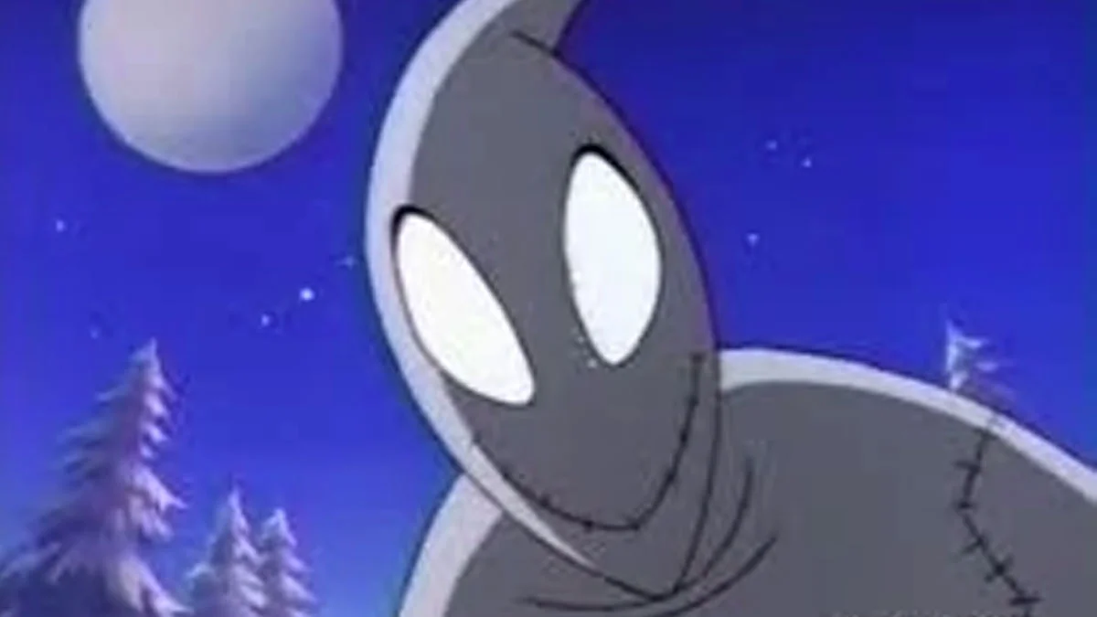 Candlejack, a gray hooded cartoon villain with large white eyes, under a moonlit sky
