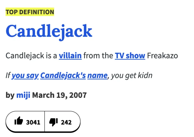 Urban Dictionary top definition entry defining Candlejack as a villain from Freakazoid