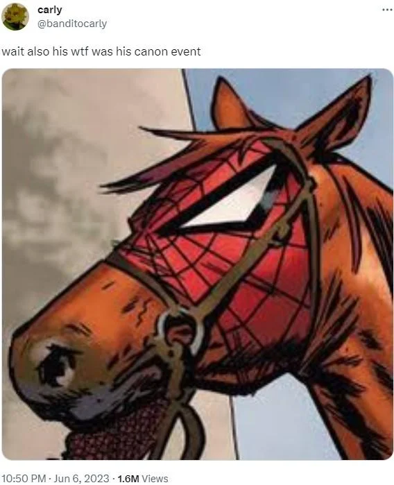 Canon Events Spider Verse — Tweet with edited Spider-Cat image asking 'wtf was his canon event???'