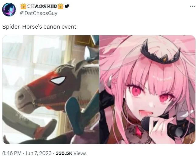 Canon Events Spider Verse — Tweet showing Spider-Horse with caption 'wait also his wtf was his canon event'